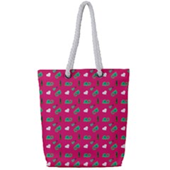 Green Elephant Pattern Hot Pink Full Print Rope Handle Tote (small)