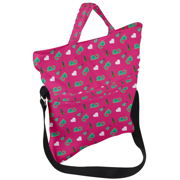 Green Elephant Pattern Hot Pink Fold Over Handle Tote Bag