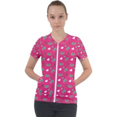 Green Elephant Pattern Hot Pink Short Sleeve Zip Up Jacket by snowwhitegirl