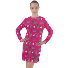 Green Elephant Pattern Hot Pink Long Sleeve Hoodie Dress