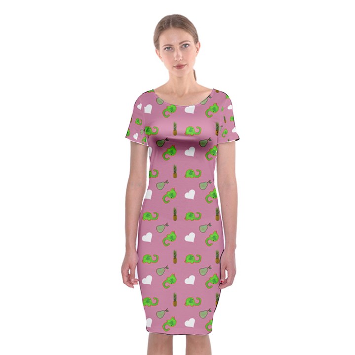 Green Elephant Pattern Mauve Classic Short Sleeve Midi Dress