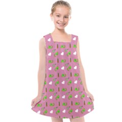 Green Elephant Pattern Mauve Kids  Cross Back Dress by snowwhitegirl