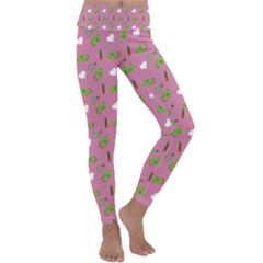 Green Elephant Pattern Mauve Kids  Lightweight Velour Classic Yoga Leggings