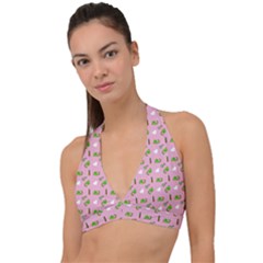 Green Elephant Pattern Pink Halter Plunge Bikini Top by snowwhitegirl