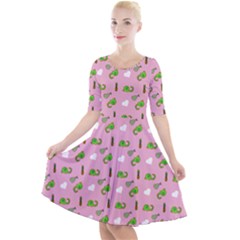 Green Elephant Pattern Pink Quarter Sleeve A-line Dress by snowwhitegirl