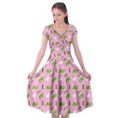 Green Elephant Pattern Pink Cap Sleeve Wrap Front Dress by snowwhitegirl