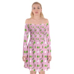 Green Elephant Pattern Pink Off Shoulder Skater Dress by snowwhitegirl