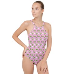 Green Elephant Pattern Pink High Neck One Piece Swimsuit by snowwhitegirl