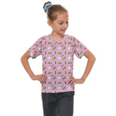 Green Elephant Pattern Pink Kids  Mesh Piece Tee