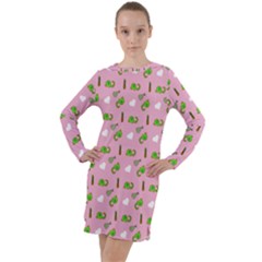 Green Elephant Pattern Pink Long Sleeve Hoodie Dress