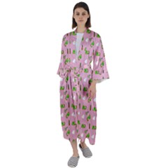 Green Elephant Pattern Pink Maxi Satin Kimono by snowwhitegirl