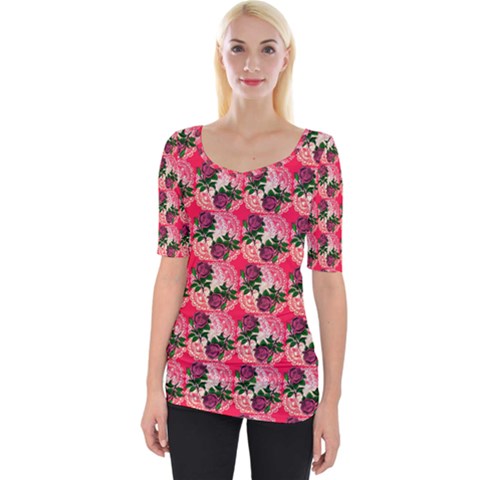 Doily Rose Pattern Watermelon Pink Wide Neckline Tee by snowwhitegirl