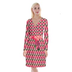 Doily Rose Pattern Watermelon Pink Long Sleeve Velvet Front Wrap Dress by snowwhitegirl