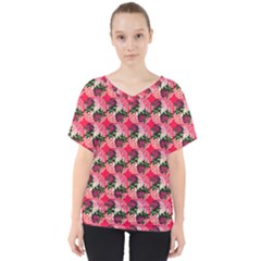 Doily Rose Pattern Watermelon Pink V-neck Dolman Drape Top by snowwhitegirl