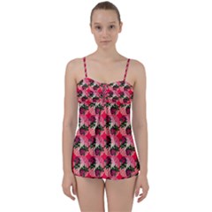 Doily Rose Pattern Watermelon Pink Babydoll Tankini Set by snowwhitegirl