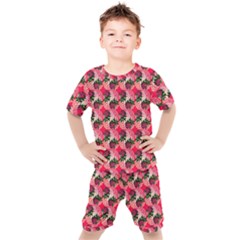 Doily Rose Pattern Watermelon Pink Kids  Tee And Shorts Set by snowwhitegirl