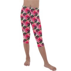 Doily Rose Pattern Watermelon Pink Kids  Lightweight Velour Capri Leggings  by snowwhitegirl