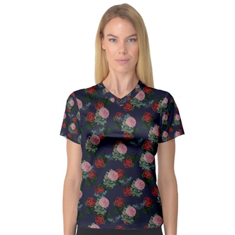 Dark Floral Butterfly Blue V-neck Sport Mesh Tee by snowwhitegirl