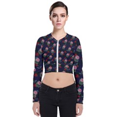 Dark Floral Butterfly Blue Long Sleeve Zip Up Bomber Jacket by snowwhitegirl