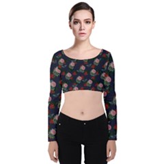 Dark Floral Butterfly Blue Velvet Long Sleeve Crop Top by snowwhitegirl