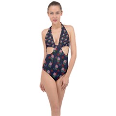 Dark Floral Butterfly Blue Halter Front Plunge Swimsuit by snowwhitegirl