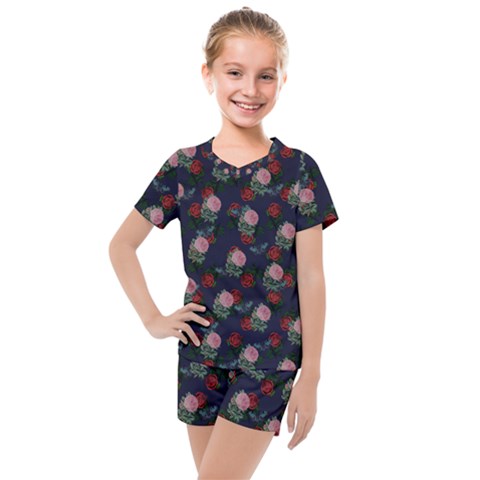 Dark Floral Butterfly Blue Kids  Mesh Tee And Shorts Set by snowwhitegirl