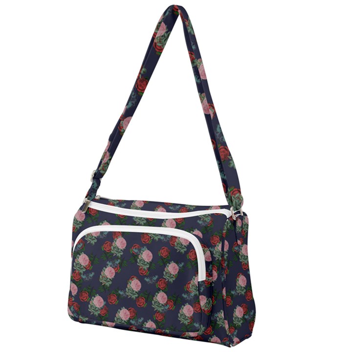 Dark Floral Butterfly Blue Front Pocket Crossbody Bag