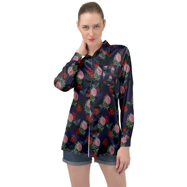 Dark Floral Butterfly Blue Long Sleeve Satin Shirt