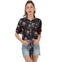 Dark Floral Butterfly Blue Tie Front Shirt  by snowwhitegirl