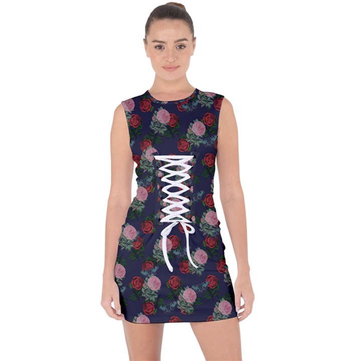 Dark Floral Butterfly Blue Lace Up Front Bodycon Dress