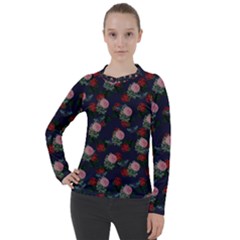 Dark Floral Butterfly Blue Women s Pique Long Sleeve Tee