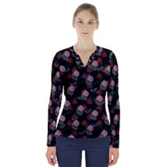 Dark Floral Butterfly Black V-neck Long Sleeve Top by snowwhitegirl