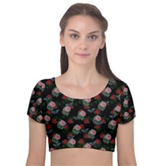 Dark Floral Butterfly Black Velvet Short Sleeve Crop Top  by snowwhitegirl