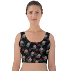 Dark Floral Butterfly Black Velvet Crop Top by snowwhitegirl