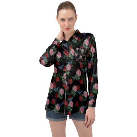 Dark Floral Butterfly Black Long Sleeve Satin Shirt by snowwhitegirl