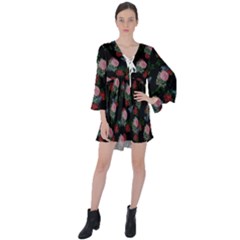 Dark Floral Butterfly Black V-neck Flare Sleeve Mini Dress