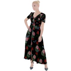 Dark Floral Butterfly Black Button Up Short Sleeve Maxi Dress by snowwhitegirl