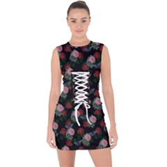 Dark Floral Butterfly Black Lace Up Front Bodycon Dress