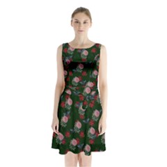 Dark Floral Butterfly Green Sleeveless Waist Tie Chiffon Dress by snowwhitegirl