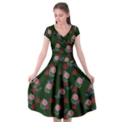 Dark Floral Butterfly Green Cap Sleeve Wrap Front Dress by snowwhitegirl