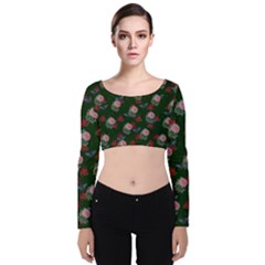 Dark Floral Butterfly Green Velvet Long Sleeve Crop Top by snowwhitegirl