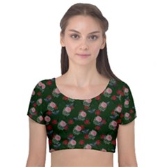 Dark Floral Butterfly Green Velvet Short Sleeve Crop Top  by snowwhitegirl