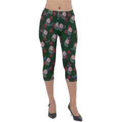 Dark Floral Butterfly Green Lightweight Velour Capri Leggings  by snowwhitegirl