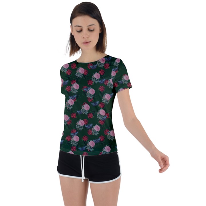 Dark Floral Butterfly Green Back Circle Cutout Sports Tee