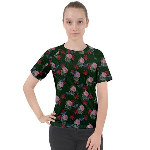 Dark Floral Butterfly Green Women s Sport Raglan Tee by snowwhitegirl