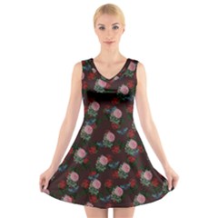 Dark Floral Butterfly Burgundy V-neck Sleeveless Dress by snowwhitegirl