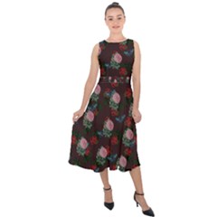 Dark Floral Butterfly Burgundy Midi Tie-back Chiffon Dress by snowwhitegirl