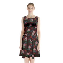 Dark Floral Butterfly Burgundy Sleeveless Waist Tie Chiffon Dress by snowwhitegirl