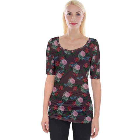 Dark Floral Butterfly Burgundy Wide Neckline Tee by snowwhitegirl