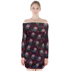 Dark Floral Butterfly Burgundy Long Sleeve Off Shoulder Dress by snowwhitegirl